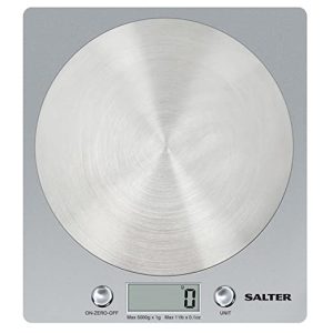 Salter 1036 SVSSDR Disc Electronic Scale, Digital Weighing, Stylish Slim Design, Home/Kitchen Cooking, Spun Stainless Steel Platform, Add & Weigh, Measures Liquids/Fluids, 5Kg Capacity, Silver/Chrome
